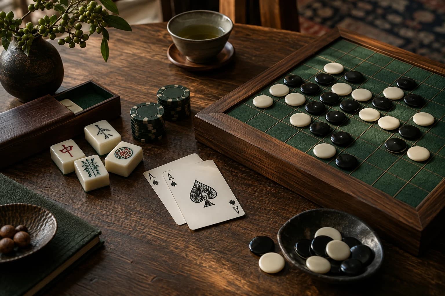 Reversi, mahjong and playing cards on a wooden table